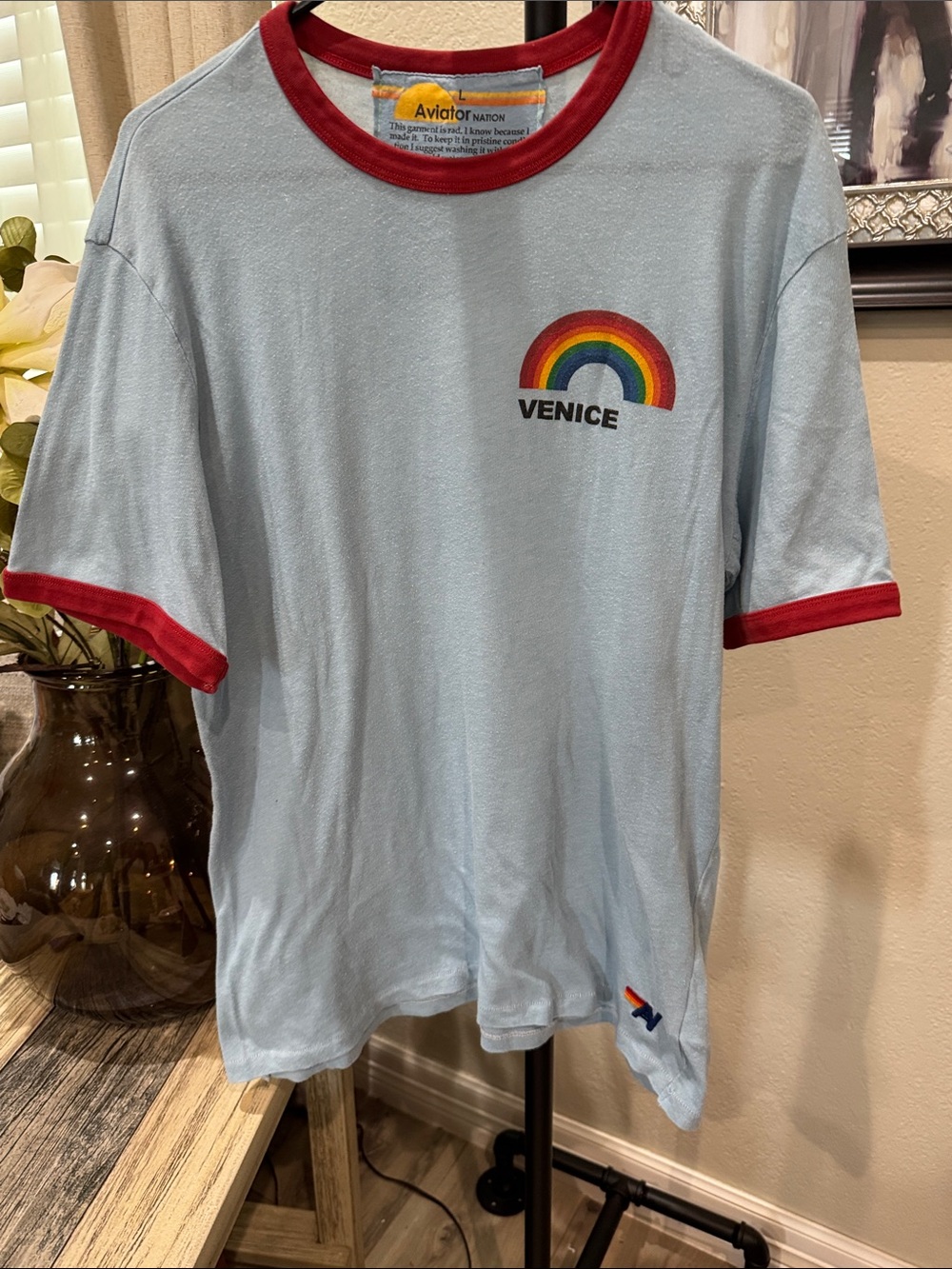 Aviator Nation Light Blue Tee with Red Trim & Rainbow 'VENICE' Print